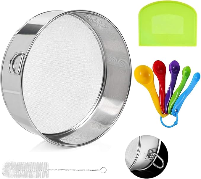 Flour Sifter 6 inch Flour Sieve, 60 Mesh Sieve, Stainless Steel Flour Sifter for Baking Straining Powdering with Dough Scraper,Measuring Spoon Set, Sieve Fine Mesh, Best Baking Lovers' Gift