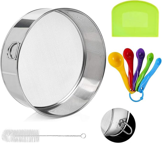 Flour Sifter 6 inch Flour Sieve, 60 Mesh Sieve, Stainless Steel Flour Sifter for Baking Straining Powdering with Dough Scraper,Measuring Spoon Set, Sieve Fine Mesh, Best Baking Lovers' Gift