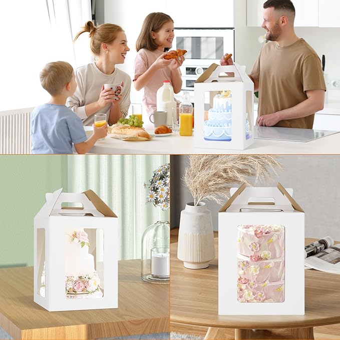 6 Pack Tall Cake Boxes with Cake Boards, 10x10x12 Inch Tiered Cake Box with 6 Windows, Layer Cake Carrier with Handle Bakery Take out Containers for Wedding Birthday Party (White-10x10x12 Inch-6 Pack)