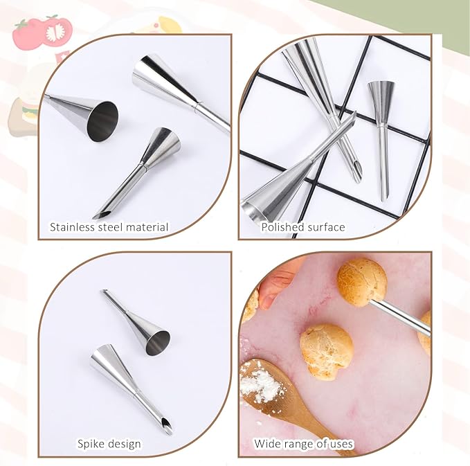 Pastry Cream Filling Tip 3 Pcs Long Cream Icing Piping Nozzle Tips with 2 Brushes Puff Pastry Filling Cake Decorating Tools Stainless Steel Pipings Tips Puff Creams Fillings Piping Tip Kit