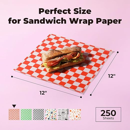 Fit Meal Prep [250 Sheets] 12x12" Deli Paper Sheets, Red and White Checkered Dry Waxed Paper, Sandwich Wrapping Paper, Grease-Proof Wax Paper for Food Basket, Chritmas Parties, Picnic, Burgers