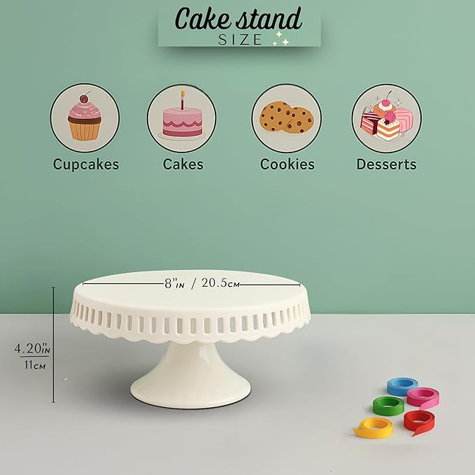 CERAMIC Cake stand,( 8 inch small cake stand ) cake pedestal stand with ribbons, cake stands for party or birthday, white cake platter - cake display stand for wedding reception, pie stand