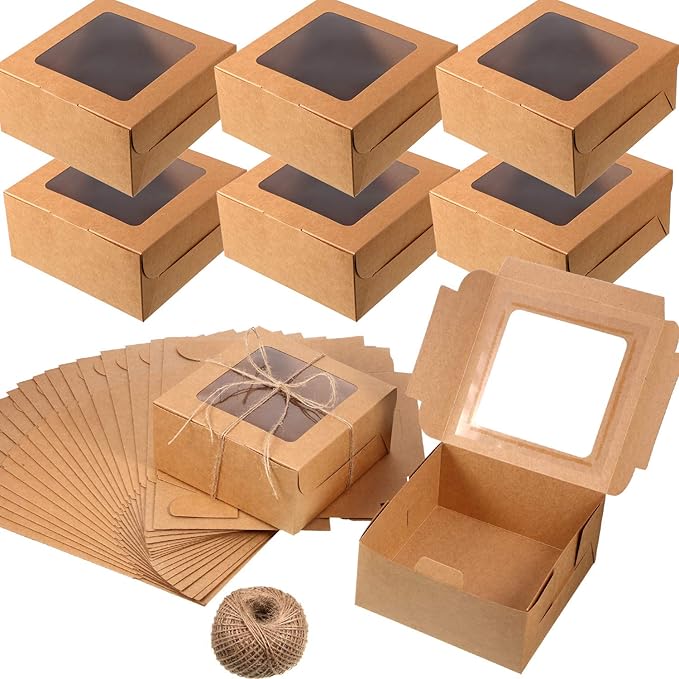 50 Pieces Bakery Box with Window Cookie Boxes Mini Kraft Boxes Gift for Pastries, Candy, Pie, Cupcakes, Soap Packaging for Homemade Soap (Brown,6.3 x 6.3 x 3 Inch)