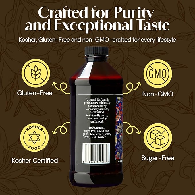 Natural Vanilla Extract - Bourbon, Madagascar, Kosher, Sugar free, GMO free, gluten free, and additive free (16oz)