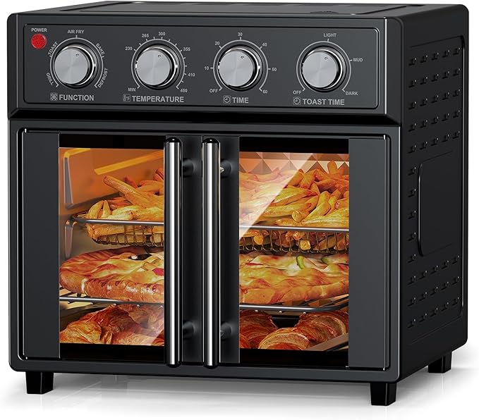 PlumChef 27.5 Quart Extra Large 6 Slices Air Fryer Convection Toaster Oven, French Door, 1700W, Multifunction Oven for Air Fryer, Toast, Grill, Defrost, Bake, Time and Temperature Controls, Black