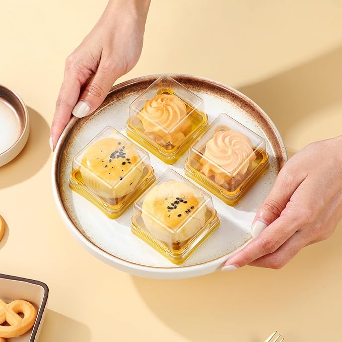 UPKOCH 50pcs Plastic Mini Cake Box, Square Moon cake Dome Cake Boxes, Golden Christmas Festival Wedding Birthday Packing Box, Size S, 2.16x1.85x1.57 inches