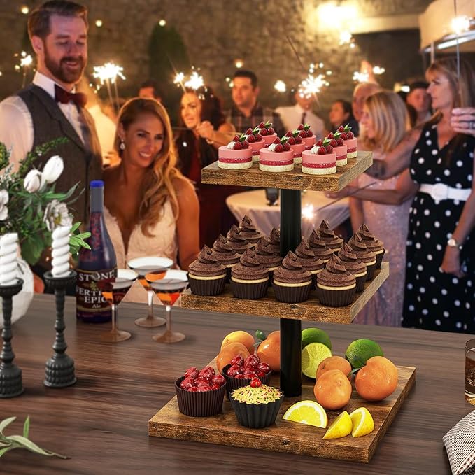 IBUYKE 3 Tier Cupcake Stand,Wood Durable Cupcake Tower,Square Serving Dessert Display Stand,Cupcake Tray Stand,Dessert Tree Tower for Christmas Birthday,Home Party, Wedding, Baby Shower,Rustic Brown UTLJ014H