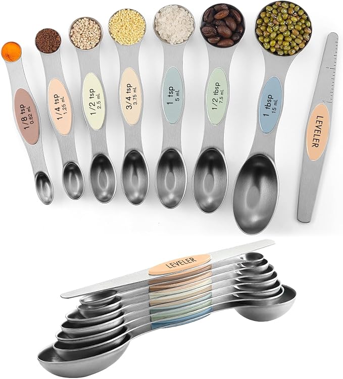 Pack of 8 Stainless Steel Magnetic Measuring Spoons Set, Dual Sided, Stackable, Adjustable Teaspoon and Tablespoon Measure Spoon with Leveler, Kitchen Gadgets