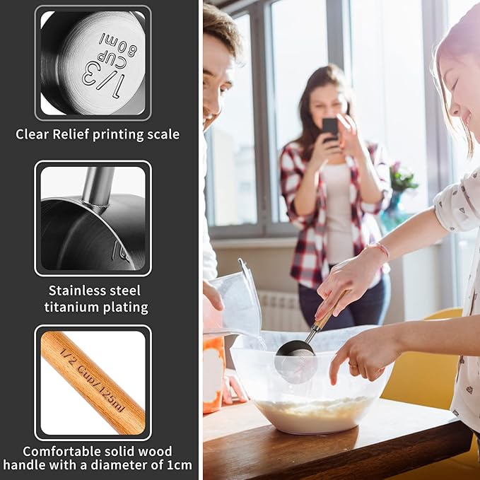 Measuring Cup with Wooden Handle, 1/2 Cup Titanium-plating 125 Ml Stainless Steel, Space Gray