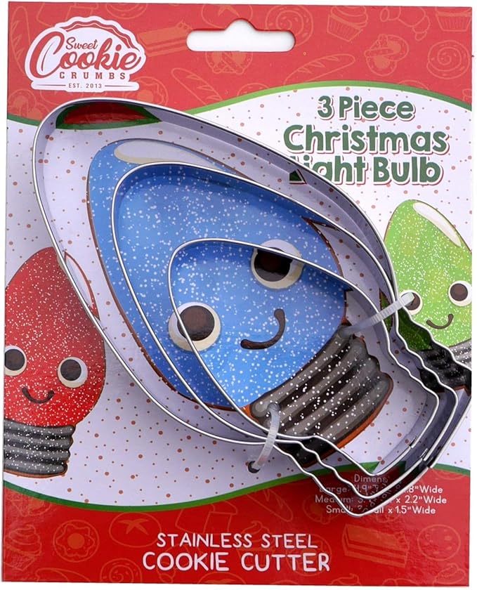 Christmas Light Bulb Cookie Cutter 3 Piece Set, Premium Food-Grade Stainless Steel, Dishwasher Safe (Light Bulb 3 Piece)