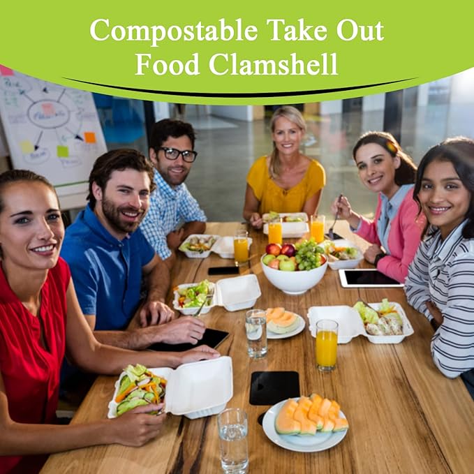 three leaf 9" X 6" 1 COMPARTMENT BAGASSE CLAMSHELL, 200 Ct. Heavy-Duty- Super Strong- Natural- Eco-Friendly Disposable Bagasse Clamshell, 100% Biodegradable 9 x 6 inch clamshell