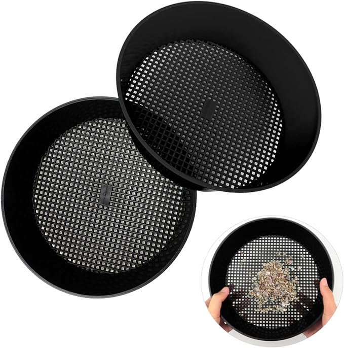 2 Pcs Round Garden Soil Sieve Pan with Handle Sand Sifter Set for Sieve Work of Small Gravel, Soil, Sand（Black）