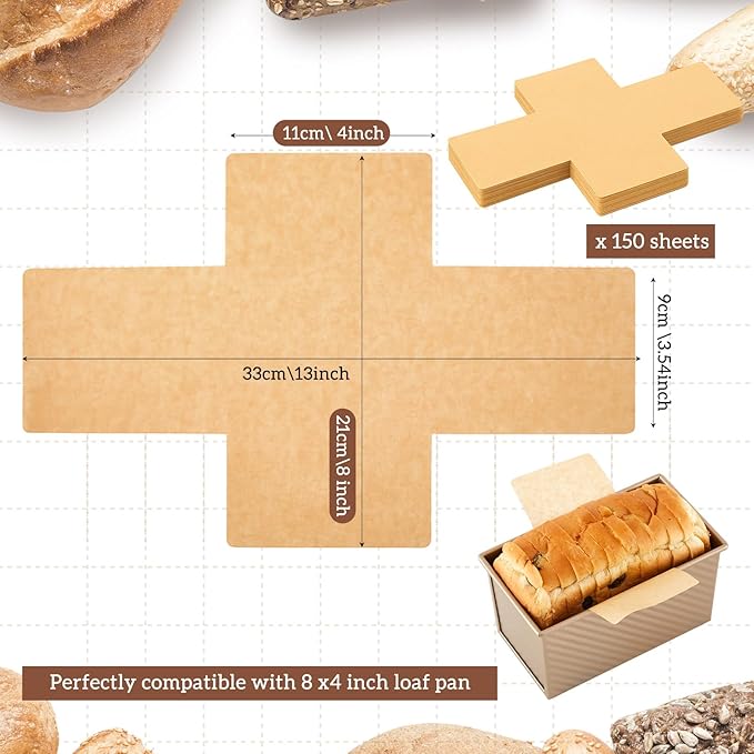 150 Pcs Loaf Pan Liners for Baking Bread Pan 8 x 4 Inch, Non-stick Disposable Greaseproof Baking Paper for Bread, Cakes, Toast
