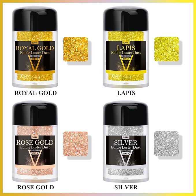 Edible Glitter - 4 Colors Luster Dust Edible Glimmer Powder for Sparkling Drinks, Foods, Wine, Beverage, Cake - Food Grade Shimmer Dust Powder for Cocktails, Baking, Cupcakes Decoration - 5g / Bottles