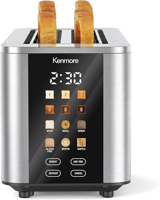 Kenmore 4-Slice Long Slot Toaster | Color Touch Screen & 6 Shade Settings | Extra Wide Slots | Digital Timer | Customizable Smart Presets | Reheat, Defrost, Add Time Functions | Stainless Steel