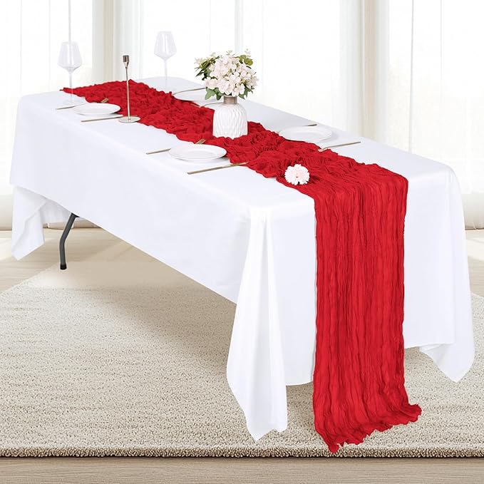 6 Pack Red Cheesecloth Table Runner 17x108 Inch Semi Sheer Boho Gauze Cheese Cloth Fabric Table Runners, for Wedding Party Baby Shower Birthday Home Decor Garden Farmhouse