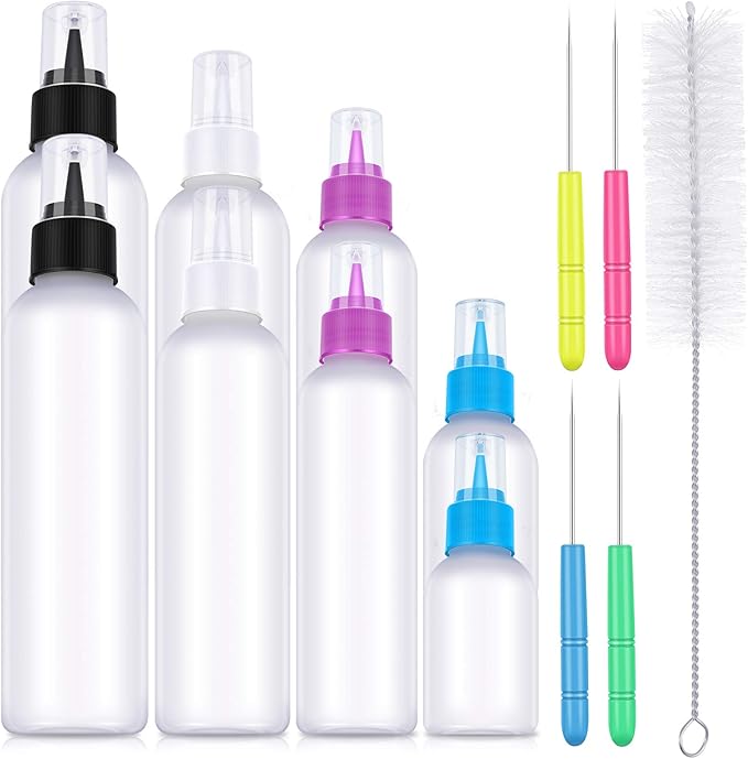 Patelai 12 pcs Cookie Icing Bottles Writer Set Include Cake Decorating Squeeze Bottles and Sugar Stir Needles, 1 Piece Brush for Cleaning Ice Cream Decoration, 4 Sizes
