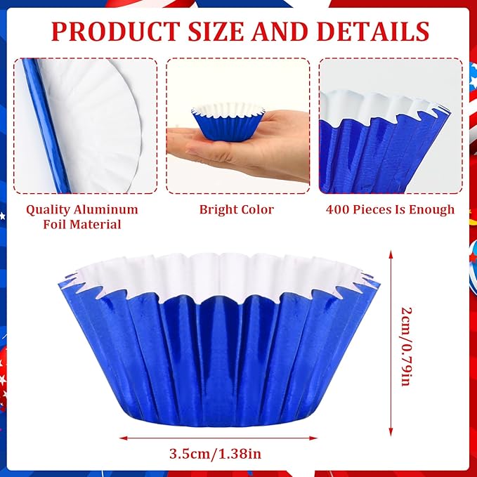 AUGSUN 400pcs 4th of July Mini Foil Cupcake Liners Cupcake Red Blue Silver Mini Muffin Cupcake Wrappers for Patriotic Independence Day Holiday Birthday Veterans Party Cake Candy Chocolate Decorations