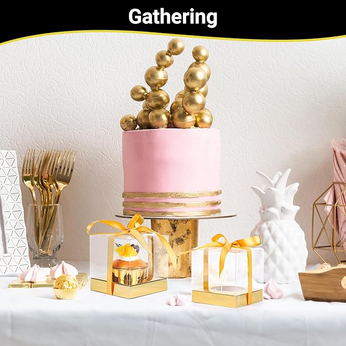 EUSOAR Individual Cupcake Wrappers, 24pcs 3.5 Inch Plastic Gold Cupcake Carrier with Ribbon and Inserts, Single Transparent Cupcake Holder Cake Containers with Lids for Wedding Birthday Party Favor