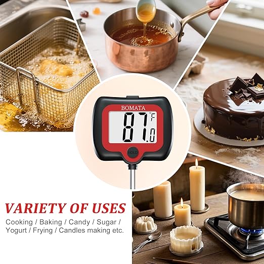 BOMATA Digital Candy Thermometer with Pot Clip, Deep Fry Oil Thermometer with Rotatable Display & Long Probe, for Candy Candle Making, Cooking, Food, Liquids, Water, Sugar.. Black