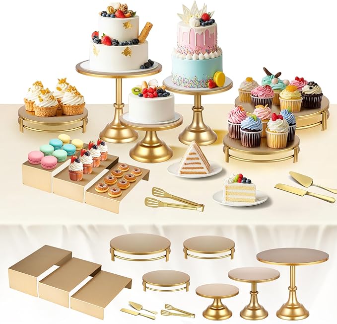 12 PCS Gold Cake Stand Set with Gold Pedestal Cake Stand and Cake Cutter Pie Spatula, Dessert Table Display Set for Wedding, Party, Birthday, Baby Shower, Event Bridal Celebration