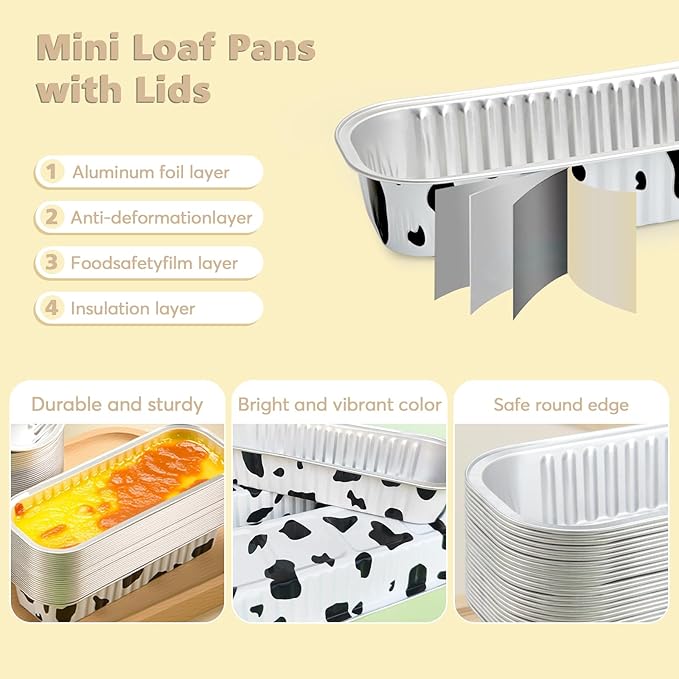 Ruckae 100 Pack Cow Print Mini Loaf Pans with Lids and Spoons Disposable Aluminum Tin Foil Pans Rectangle Mini Loaf Cake Pan for Baking,Party,Picnics,Gifts