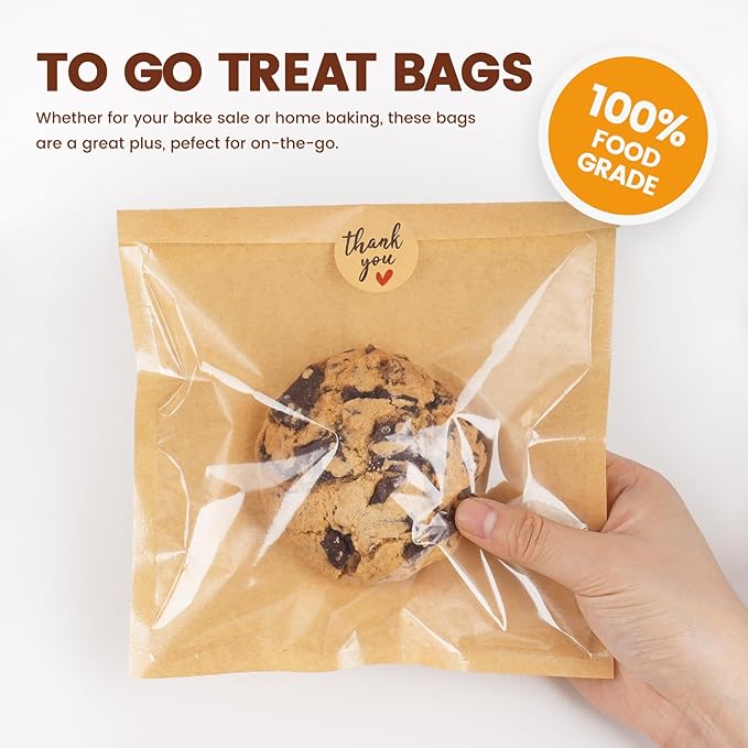 100 Pack Heat Sealable Bakery Bags with Window, 7.1x7.5 Inch Cookie Packaging Bags with Seal Bake Sale Paper Sleeves for Bagel, Cake Slice, Sandwich, Donut, Pastry