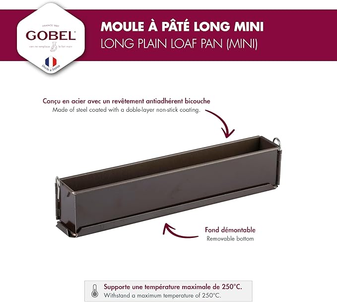 GOBEL - Non-Stick Springform Long Loaf Pan (Mini) - Plain - Removable Bottom - 12 1/8" x 2 3/8" x 1 5/8" - Made in France