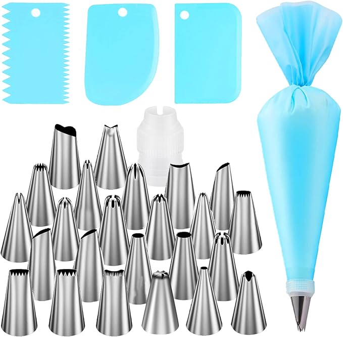 FANTEXY Piping Bags and Tips Set，29 Pieces Cake Decorating Supplies Kits with 24 Icing Tips, 1 Couplers, 1 Reusable Pastry Bag and 3 Scrapers, Piping Bag Tips for Cookie, Cupcake Decorating Kit