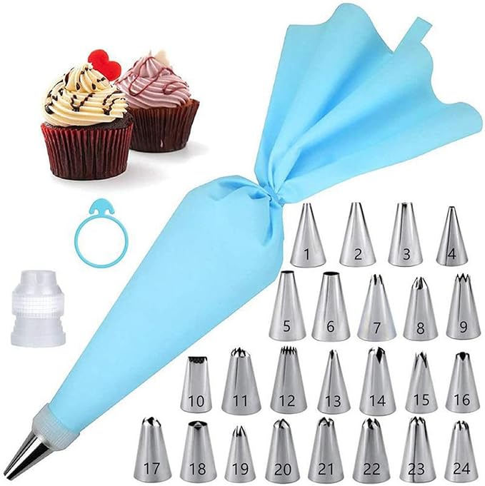 27-Piece Cake Decorating Kit with 24 Stainless Steel Nozzles, Reusable Silicone Bag, Coupler & Tie - Icing Bags and Tips Set for Cupcakes, Cookies & Baking