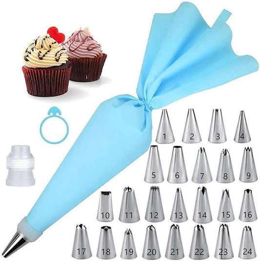 27-Piece Cake Decorating Kit with 24 Stainless Steel Nozzles, Reusable Silicone Bag, Coupler & Tie - Icing Bags and Tips Set for Cupcakes, Cookies & Baking