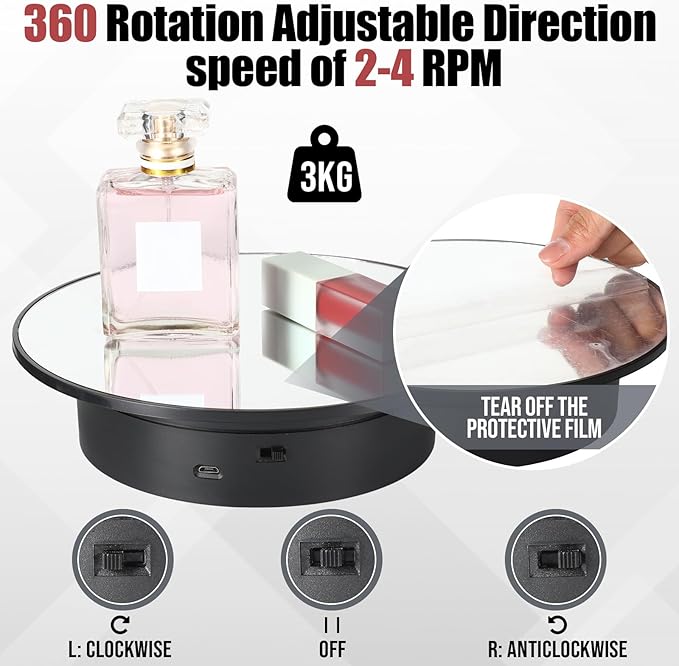 Marsui 2 Pieces Rotating Display Stand 7.87'' Mirror Cover 360° Automatic Electric Motorized Turntable for Photography Products Jewelry Cake 3D Model Display Supplies, Battery Operated /USB Power