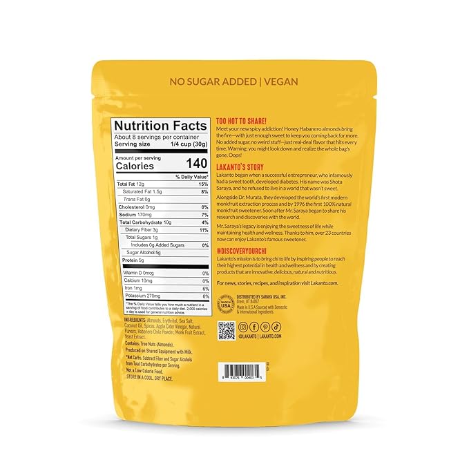 Lakanto Sweet and Savory Honey Habanero Almonds - On the Go Snack, Chile Powder Seasoning, Bold & Spicy, Gluten Free, Protein, Crunchy Roasted, Monk Fruit, Resealable Bag (8 oz)