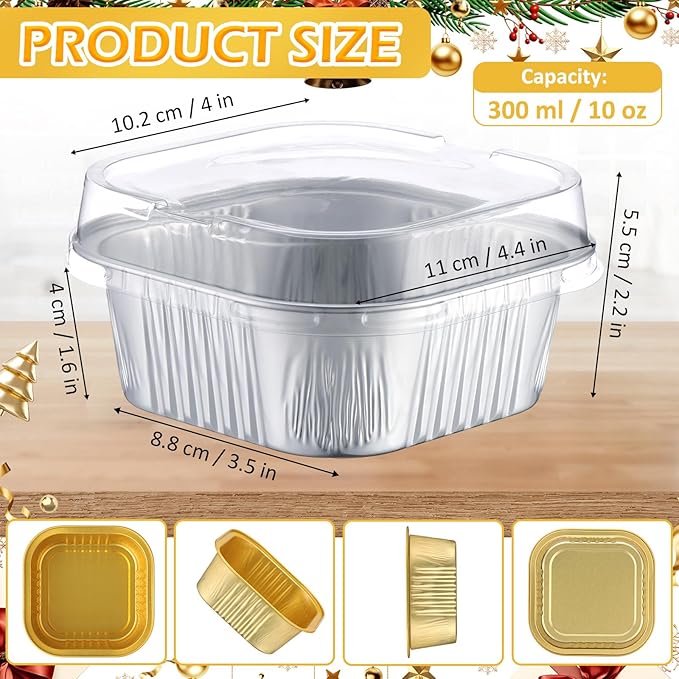 Aoriher 150 Pieces 10 oz Mini Cake Pans with Lids Aluminum Foil Baking Cups Square Disposable 4" x 4" Large Cupcake Cups Baking Tins for Kitchen Brownie Pudding Desserts Holders(All Golden,All Silver)