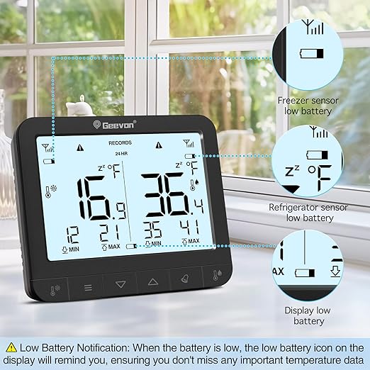 Geevon Digital Refrigerator Thermometer with Alarm, Low Battery Warning Icon, Max/Min Temperature LCD Display, Suitable for Domestic or Commercial Use Freezer Thermometer with Alarm
