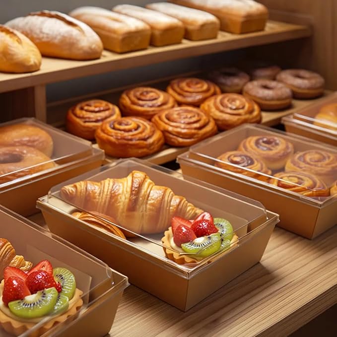 Hiceeden 50 Pack Charcuterie Boxes with Clear Lids, 8.4"×5.7"×2.8" Paper Bakery Dessert Sandwich Box, Disposable Large Food Containers for Cookies, Donuts, Muffins, Salad, and Pastry, Brown