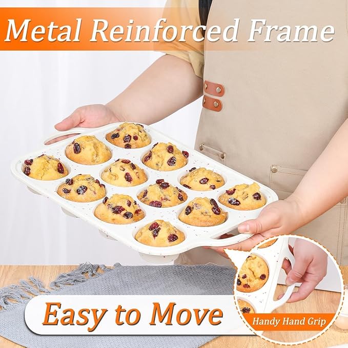 CAKETIME Silicone Muffin Pan, with Metal Reinforced Frame 2.8 Inch Regular Size Silicone Cupcake Pan Nonstick 12 Cups for Baking Homemade Muffins, Cupcakes, Egg Bites 2 Pack Dishwasher Safe BPA Free