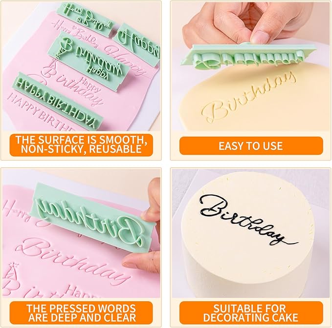 KALAIEN 8Pcs Happy Birthday Fondant Stamp,Custom Cookie Stamp, Happy Birthday Letters Embosser for Cake,DIY Cake Decorating Printing