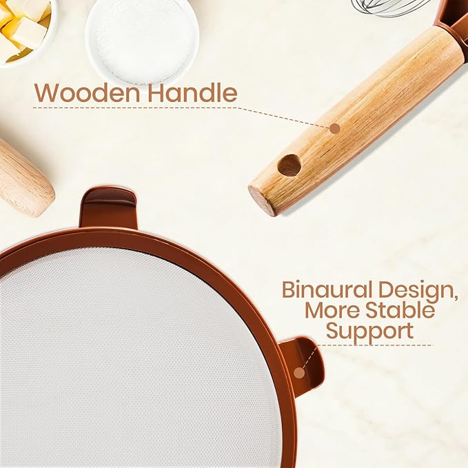 Wood Handle Strainers Fine Mesh Set, 3 Pcs Stainless Steel Sifter for Baking, Plastic Colorful Mesh Strainer with Handle for Juice, Flour, Rice, Tea Straining- 3 Sizes