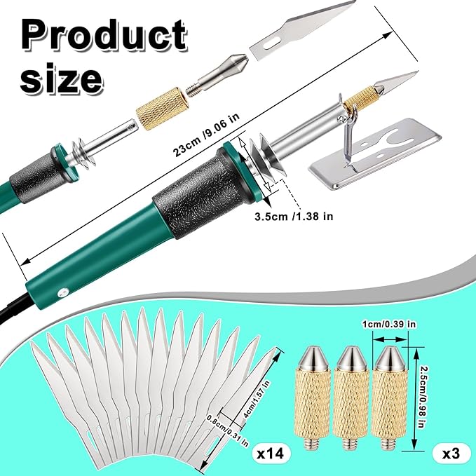 Honoson 19 Pieces Electric Hot Knife Cutter Tool, Multipurpose Hot Knife Stencil Cutter with Metal Stand, 14 Blades, 3 Chuck Sleeves for Cutting Carving(Green)