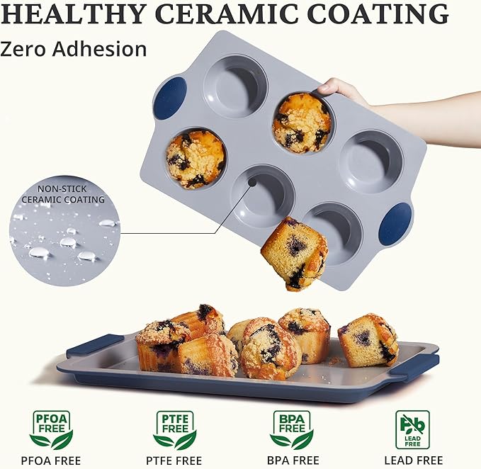 BRONYPRO 2-Pack 6-Cup Non Toxic Nonstick Ceramic Jumbo Muffin Pan & Cupcake Tin, PFOA & PFOA Free, Heavy Duty Rust-Resistant Aluminized Steel, Oven & Dishwasher Safe, Blue