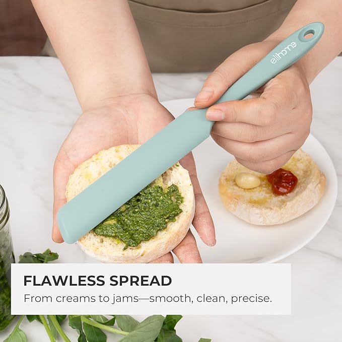Elihome Skinny Silicone Jar Spatula Spreader, BPA Free,Heat-Resistant Scraper, 10in Long Narrow Stirring Stick, Seamless Flexible Peanut Butter Spreader for Scraping Icing and Jam (Sage Green)