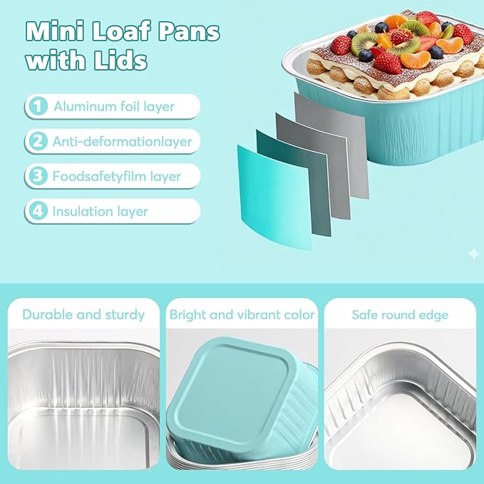 Ruckae 10oz 100 Pcs Square Mini Loaf Pans with Lids-Disposable Foil Dessert Containers,Mini Cake Pans with Lids,Aluminum Dessert Cups for Parties and Weddings (Light Blue, 10oz)