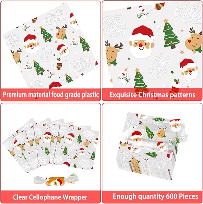 DIYASY 600 Pcs Christmas Candy Wrappers for Caramels, Clear Cellophane Wrapper Xmas Nonstick Chocolate Wrapping Wax Paper Sweets Holiday Baking Packaging 5" x 5"