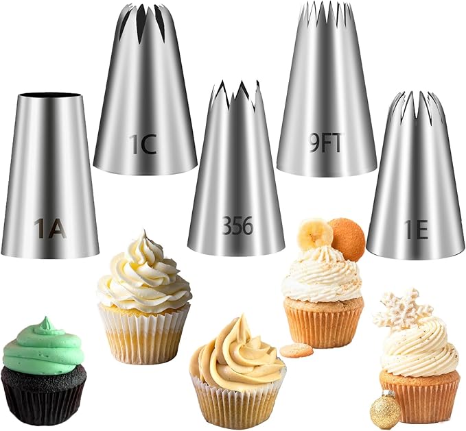 FANTEXY Large Piping Tips Set,5 Pieces Stainless Steel Pastry Cake Decorating Tips, Cupcake Frosting Piping Kit for Buttercream,Cookie (1A, 356, 1C, 1E, 9FT)