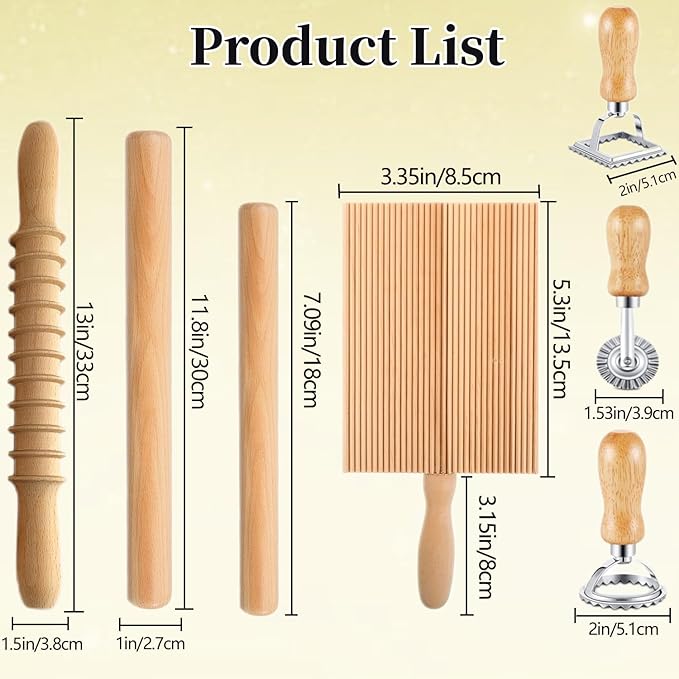 7 Pcs Pasta Making Tool Set Include (Wooden Cutter、Rolling Pin 、Gnocchi Board 、Wood with Roller、3 Ravioli Stamp Maker Cutter) for Kitchen Homemade Noodle