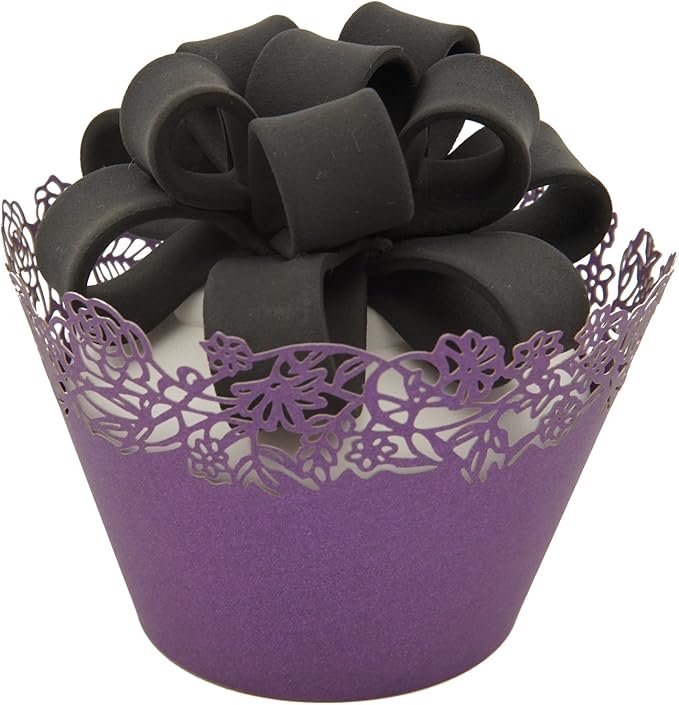 Cupcake Wrappers Pack of 50 Purple Filigree Artistic Bake Cake Paper Cups Little Vine Lace Laser Cut Liner Baking Cup Muffin Case Trays for Wedding Party Birthday Decoration -By KEIVA
