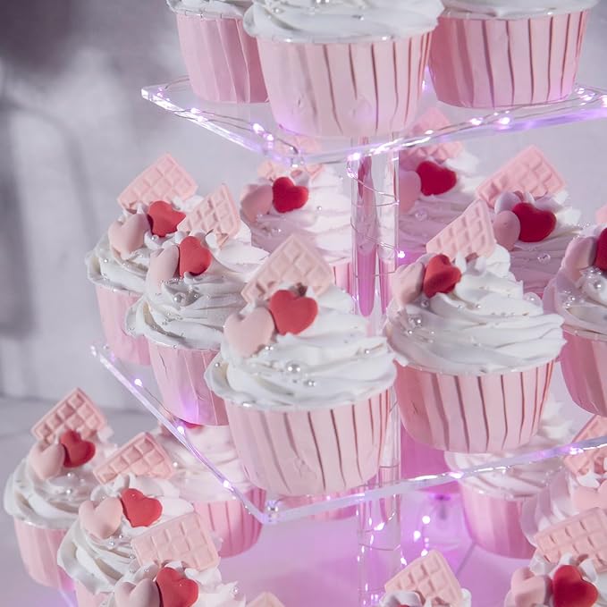 Cupcake Stand, 3-Tier Cupcake Holder with LED light String, Acrylic Cupcake Tower Display-Dessert Tower-Pastry Stand-Cupcake Tier Stand for Wedding, Birthday party ( Pink Light)