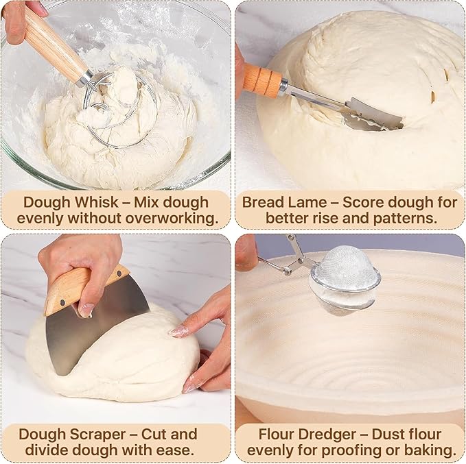 Sourdough Starter Kit with Aliquot Jar, Wood Pulp Round & Oval Bannetons & 34 oz Sourdough Starter Jar & Bread Sling Scrapers & Bag Complete Sourdough Baking Supplies