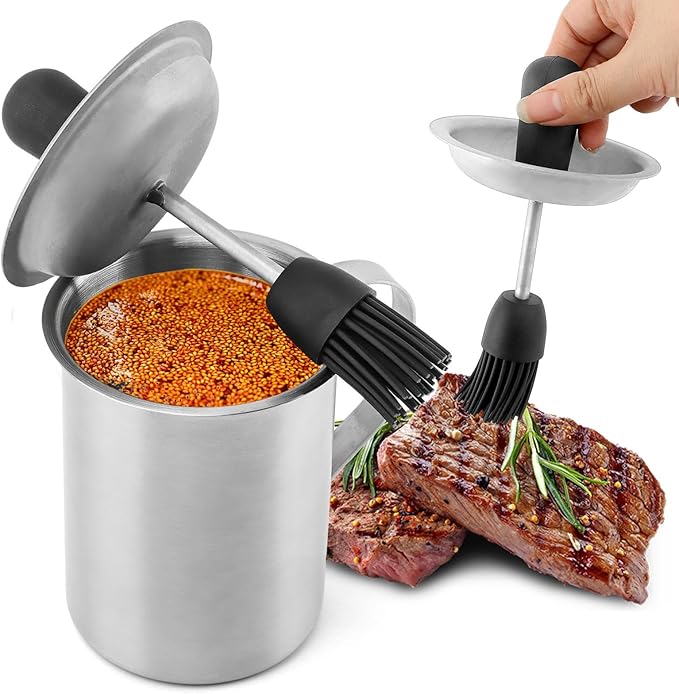 BBQ Sauce Pot and Basting Brush Set, BBQ Sauce Container Cooking Gifts, Meat Baster Set, Barbecue Gadgets Grill Accessories, Silicone Basting Brush for Cooking(COLOR:Silver)